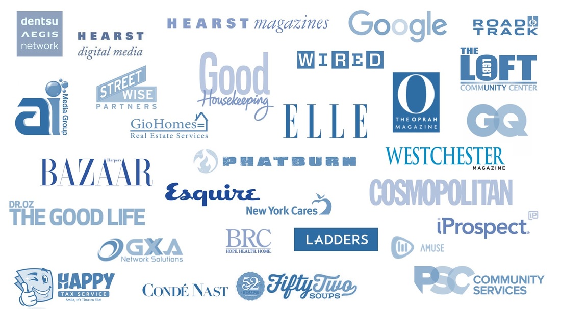 Logos of past clients and employers including Hearst Digital Media, Ladders iProspect and Westchester Magazine